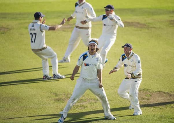 GOT HIM: Yorkshire's Jack Brooks celebrates a wicket against Somerset on the last day of a memorable season.