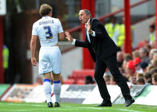 FIRST IMPRESSION: Leeds United head coach Darko Milanic issues instructions to Stephen Warnock at Brentford. Picture: Jonathan Gawthorpe