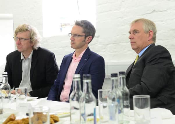 The Duke of York at the Yorkshire Post event at C4DI Beta in Hull. With him are Robert Miles (left) from the University of Hull, and Jon Moss of C4DI