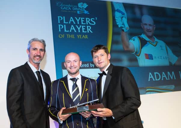 Yorkshire's Adam Lyth wins three awards including Players' Player of the Year, pictured with Jason Gillespie (L) and Martyn Moxon (R).
