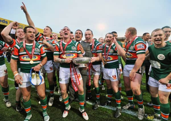Hunslet celebrate their win and promotion in front of their fans (Picture Bruce Rollinson).