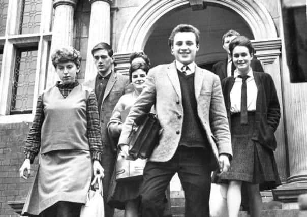 York University students coming out of Heslington Hall back in the 60s