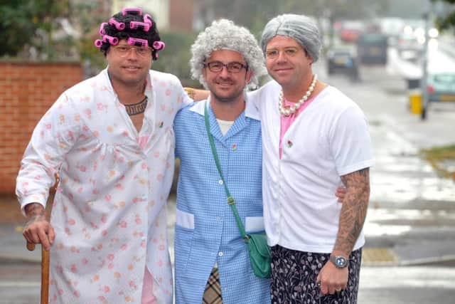 Lee Brown's cousin  Ricky Grimshaw (left) and friends  Paul Groom (middle) and Richard Sharp in their granny fancy dress outfits.