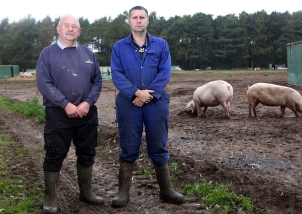 Farmers Mick Gilbank and Mark Wilson at Low Moor Farm in North Yorkshire, which sued a hot air balloon company claiming one of their flights caused a fatal stampede among their animals.
Below: The photograph used to work out the distance.

Pictures: rossparry.co.uk / Steven Schofield
