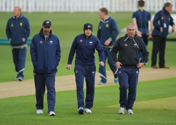 Yorkshire head coach Jason Gillespie (left), captain Andrew Gale (centre) and Director of Cricket Development Ian Dews (right)
