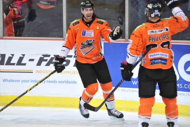 Rod Sarich celebrates his goal against Dundee Stars on Wednesday night. Picture: Dean Woolley.