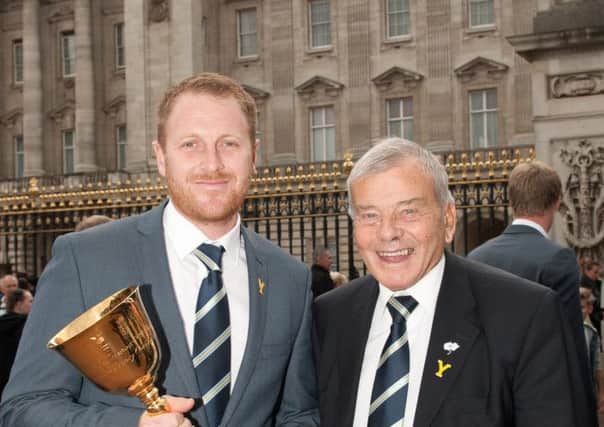Yorkshire captain Andrew Gale with club president Dickie Bird outside the gates of Buckingham Palace.