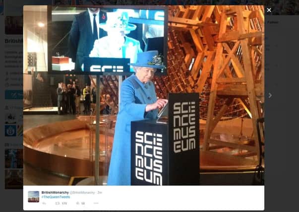 Screengrab taken from the Twitter feed of @BritishMonarchy as the Queen sends the first royal tweet under her own name