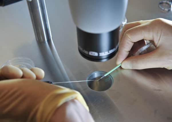 File photo dated 11/08/08 of embryos being placed onto a CryoLeaf ready for instant freezing using a vitrification process for IVF as almost three-quarters of people do not think women should receive IVF to help them conceive beyond their natural childbearing years, a poll has found. PRESS ASSOCIATION Photo. Issue date: Friday February 7, 2014. A quarter believe women should stop trying to bring babies into the world past the age of 40 while 43 should be the cut-off for men. The survey of more than 2,000 people across the UK found 31% think the current age limit of 42 for IVF on the NHS is too old. Some 26% said they thought 40 should be the maximum age limit for either NHS or private treatment. Meanwhile, almost three-quarters (72%) said science not should intervene to help women become pregnant beyond their natural childbearing years. The poll was released to mark the TLC documentary Tina Malone: Pregnant At 50, which will air on Tuesday. See PA story HEALTH Baby. Photo credit should read: Ben Birchall/PA W
