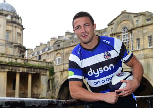 Bath's new signing Sam Burgess poses for a photograph after a press conference at the Recreation Ground, Bath.