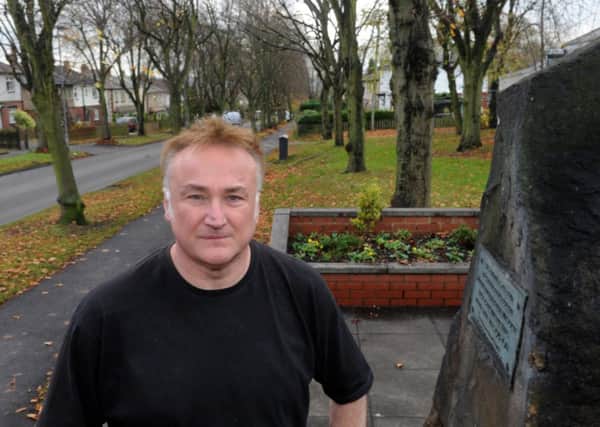 Mark Saville, by the memorial in Stanhope Drive where a tree was planted for people killed in The Great War