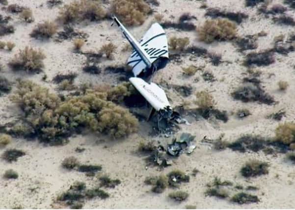 This image from video by KABC TV Los Angeles shows wreckage of what is believed to be SpaceShipTwo in Southern California's Mojave Desert