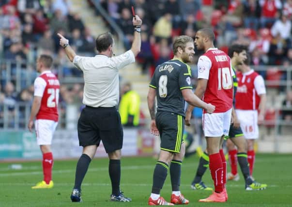 Referee Mike Russell sends off Rotherham sub Jordan Bowery. (Picture: Richard Parkes)