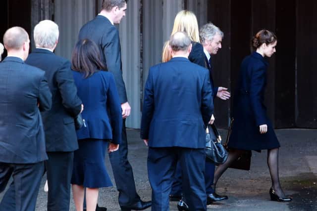 Don Maguire (second right) and Emma Maguire (right), the husband and daughter respectively of murdered school teacher Ann Maguire, arrive at Leeds Crown Court