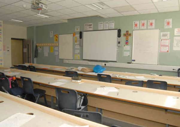 The classroom at Corpus Christi Catholic College, Neville Road, Leeds following the stabbing of Ann Maguire.