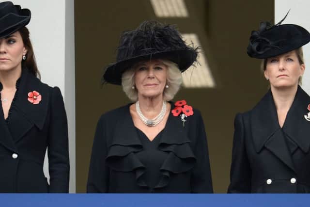 (left to right) The Duchess of Cambridge, The Duchess of Cornwall and the Countess of Wessex at the Cenotaph memorial in Whitehall, central London, during the annual Remembrance Sunday service held in tribute for members of the armed forces who have died in major conflicts. PRESS ASSOCIATION Photo. Picture date: Sunday November 9, 2014. See PA story MEMORIAL Remembrance. Photo credit should read: Stefan Rousseau/PA Wire
