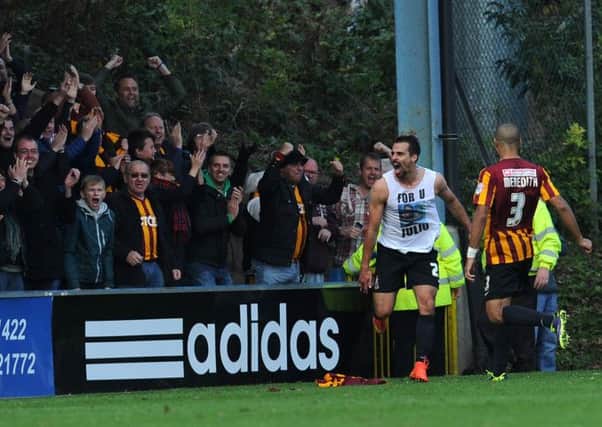 Bradford City's Filipe Morais celebrates after scoring the winning goal against FC Halifax Town (Picture: Anna Gowthorpe/PA Wire).