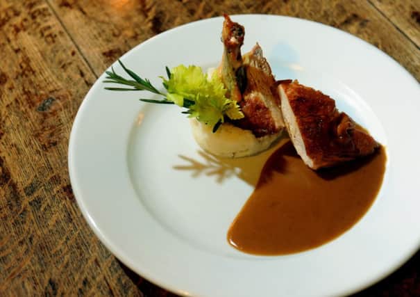 A main course of  pan roasted  Guinea fowl served on apple mash with a Calvados and ginger cream sauce  at the  Fauconberg Arms at Coxwold