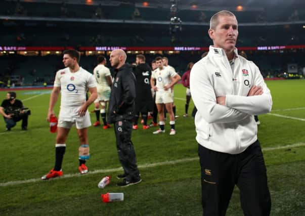 England coach Stuart Lancaster looks dejected after during the QBE International at Twickenham.