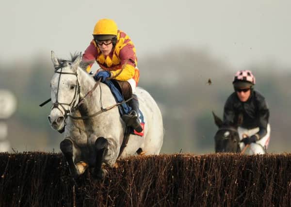 TOP DUO: Dynaste and jockey Tom Scudamore jump the last before winning the 2012 Fullers London Pride Novices Chase at Newbury.