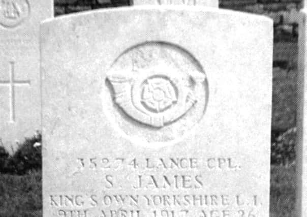 The gravestone of Lance Corporal Sydney James in the Cojeul British cemetery.