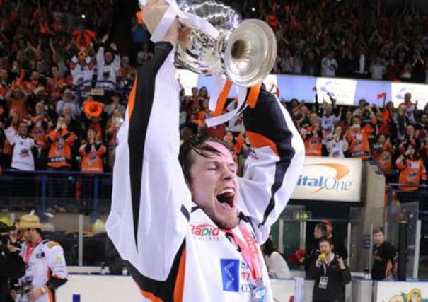 HELLO AGAIN: Steven Goertzen celebrates the 2013-14 play-off win with Sheffield Steelers, but he returns to South Yorkshire on Sunday as the interim player-coach at Coventry Blaze.