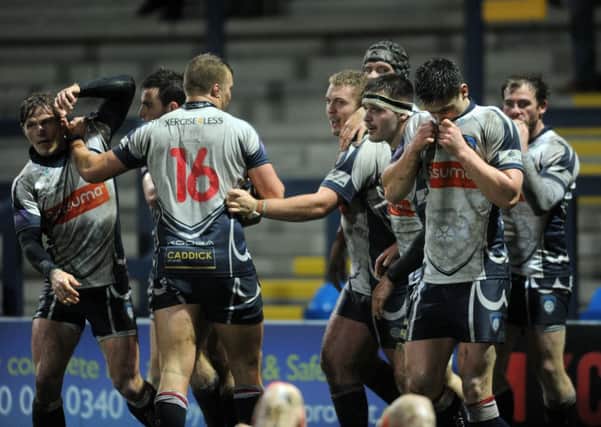LATE RELIEF: Yorkshire Carnegie's players celebrate Christian Georgiou's equalising try. Picture: Bruce Rollinson