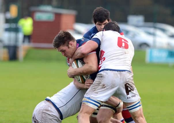 Doncaster Knights' Alex Shaw in action against London Scottish at Castle Park.