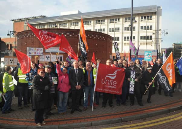 Picketers outside the Jubilee Wing at Leeds General Infirmary