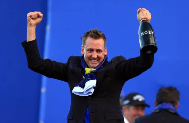 Europe's Ian Poulter celebrates this year's Ryder Cup success at Gleneagles.