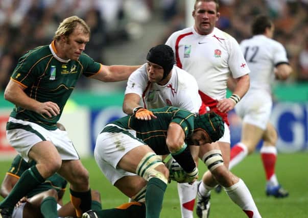 England's Ben Kay tackles South Africa's Victor Matfield during the IRB Rugby World Cup Final match at Stade de France, Saint Denis, France.