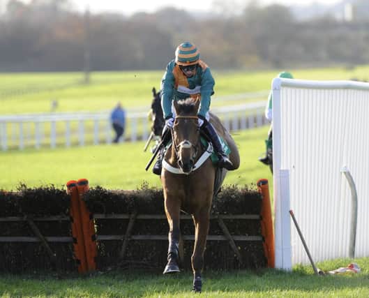 Cole Harden and Gavin Sheehan on their way to winning the bet 365 Hurdle Race during the Charlie Hall Chase day at Wetherby. Picture: John Giles