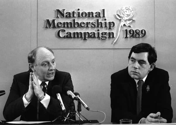 Neil Kinnock and Gordon Brown during a 1989 press conference