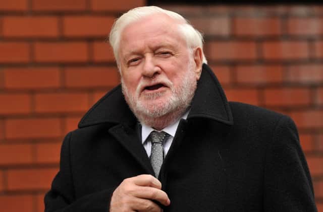 Ken Bates leaves  Leeds Crown Court after the first day of a libel hearing brought by Melvyn Levi.  23 April 2012.
Picture Bruce Rollinson