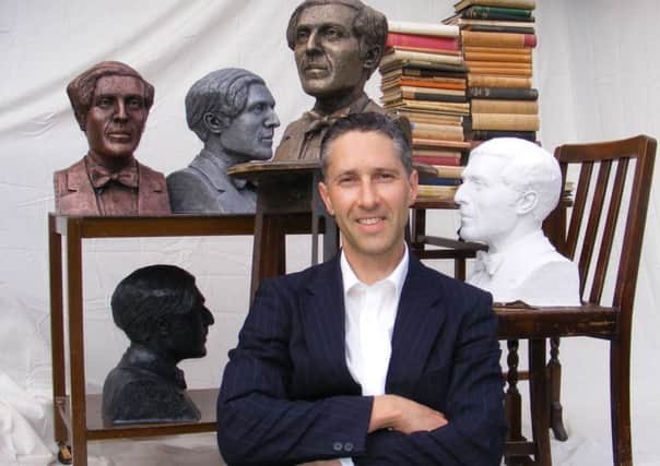 Artist Anthony Padgett  with his sculptures of WW1 poet  from Bradford, Humbert Wolfe.
