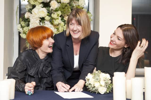 Mary Portas (left) and Melanie Rickey with Westminster Superintendent Registrar Alison Cathcart