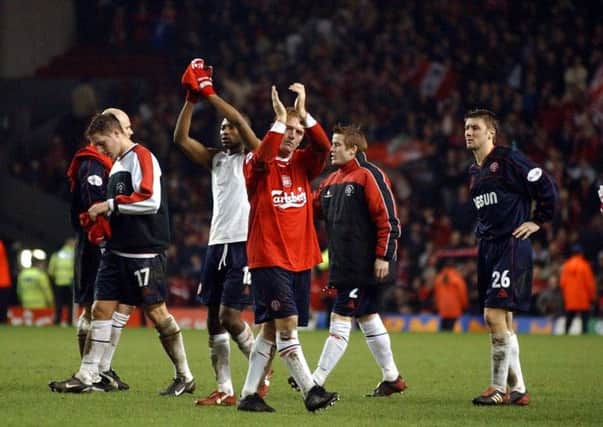 so close: A dejected Stuart McCall and Peter Ndlovu applaud the Sheffield United fans at Anfield in 2003 after losing 3-2 to Liverpool over two legs in extra time in the semi-finals of the Worthington Cup.