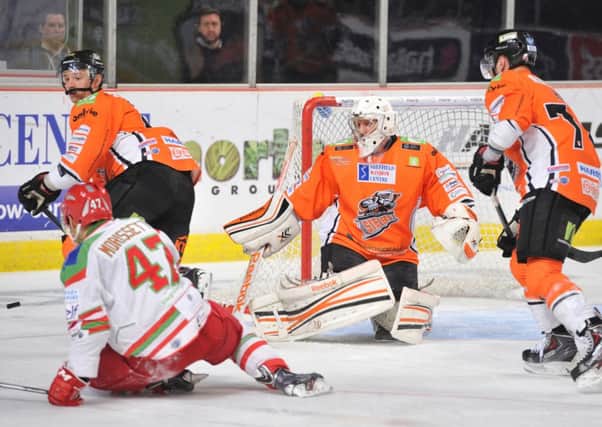 Sheffield Steelers' Frank Doyle fends off an attack from Cardiff Devils on Friday night. Picture: Dean Woolley.