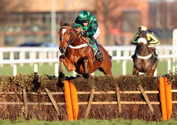 CATCH ME IF YOU CAN: Peace And Co and Daryl Jacob, jump the last to win the bet365 Summit Juvenile Hurdle at Doncaster. Picture: Simon Cooper/PA