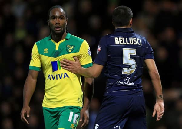 FLASHPOINT: Norwich City's Cameron Jerome and Leeds United's Giuseppe Bellusci.