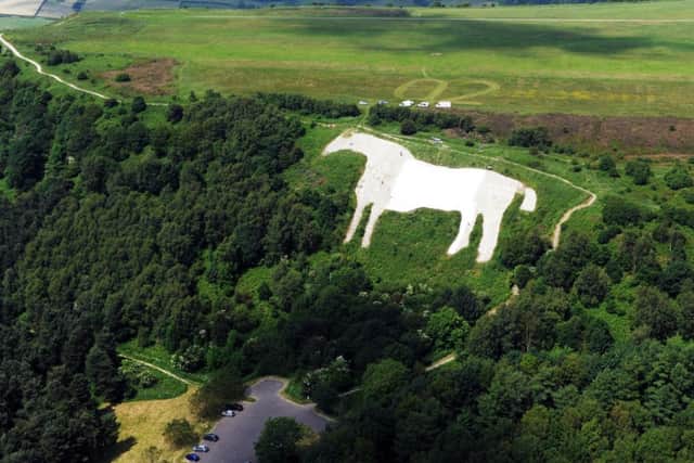 The Kilburn White Horse Association painting the famous white horse.
20th June 2014. Picture Jonathan Gawthorpe.