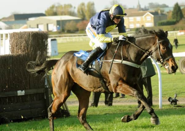 Mister McGoldrick ridden by Shane Byrne clears a fence in The bet365 Handicap Steeple Chase at Wetherby races in 2011.