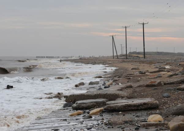 Damage at Spurn Point caused by last year's tidal surge.  Pic: Anna Gowthorpe/PA Wire