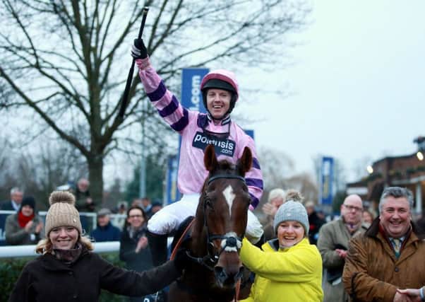 Noel Fehily celebrates his victory on Silviniaco Conti in the King George VI Chase at Kempton. Picture: David Davies/PA.