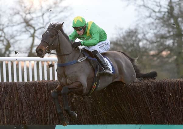 Upsilon Bleu, ridden by James Reveley, clears the last fence to win the William Hill Castleford Handicap Chase at Wetherby (Picture: Anna Gowthorpe/PA Wire).