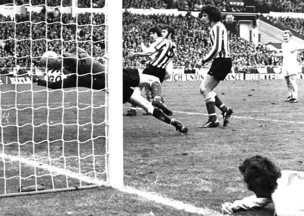 REMEMBER THIS: Jim Montgomery saves Peter Lorimer goal-bound shot in the 1973 FA Cup Final.