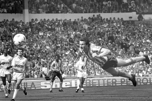 A spectacular diving header from Coventry City striker Keith Houchen, makes it 2-2 in the 63rd minute of the FA Cup Final against Tottenham Hotspur at Wembley Stadium in 1987. (Picture: PA).
