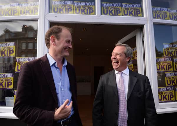 Newly elected UKIP MP for Clacton-on-Sea in Essex Douglas Carswell with UKIP leader Nigel Farage