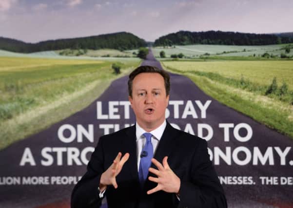 David Cameron addresses Conservative Party supporters at Dean Clough Mills in Halifax, as he kick-started the general election year by promoting the Tories' first campaign poster.