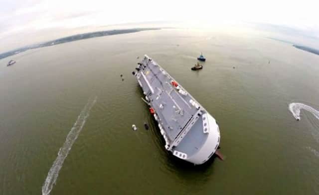 The car carrier Hoegh Osaka after she became stranded on Bramble Bank, in the Solent between Southampton and the Isle of Wight.